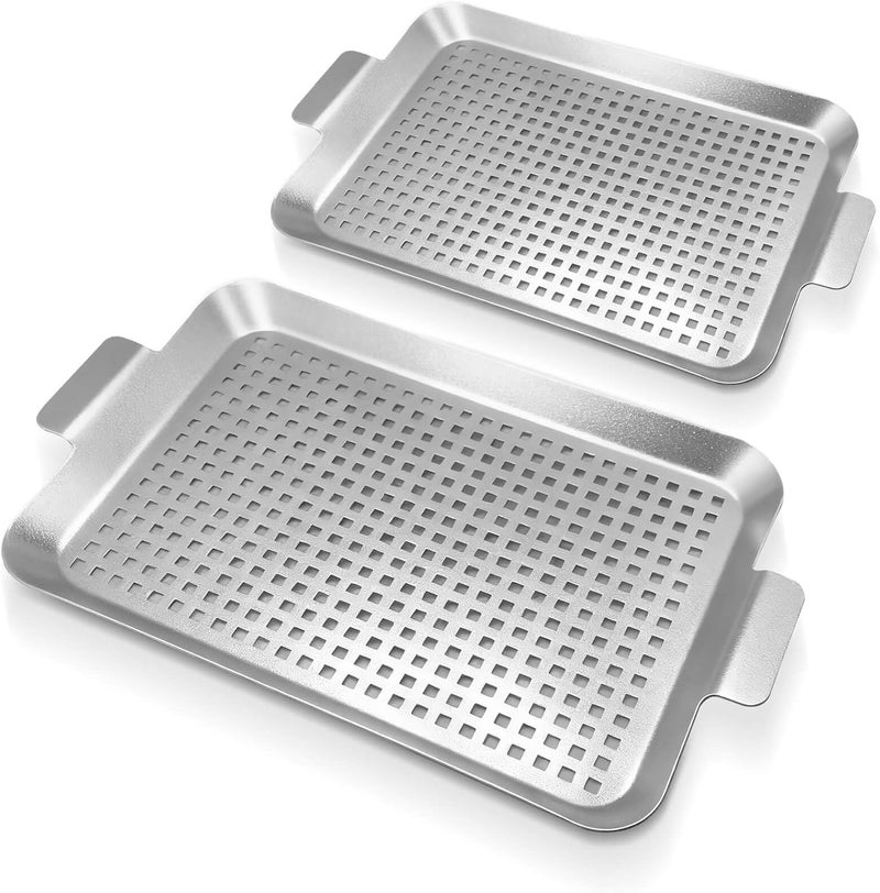 BaokiTook Grill Pan Set of 2, Grill Topper for Outdoor Grill, Stainless Steel Roasting Basket with Handles, Perforated Grill Tray for Smoker Roasting, Oven, BBQ Accessories(2 Small) - Image 1